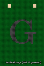 A simulated image of the stitched needlepoint design: Banner 13m Squared G Black on Green. Not A.I. generated.
