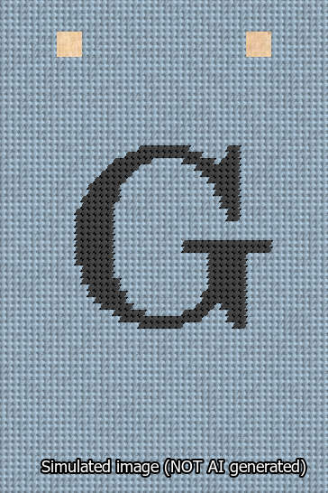 A simulated image of the stitched needlepoint design: Banner 13m Squared G Black on Light Blue. Not A.I. generated.