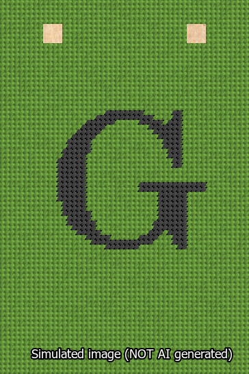 A simulated image of the stitched needlepoint design: Banner 13m Squared G Black on Light Green. Not A.I. generated.
