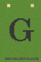 A simulated image of the stitched needlepoint design: Banner 13m Squared G Black on Light Green. Not A.I. generated.