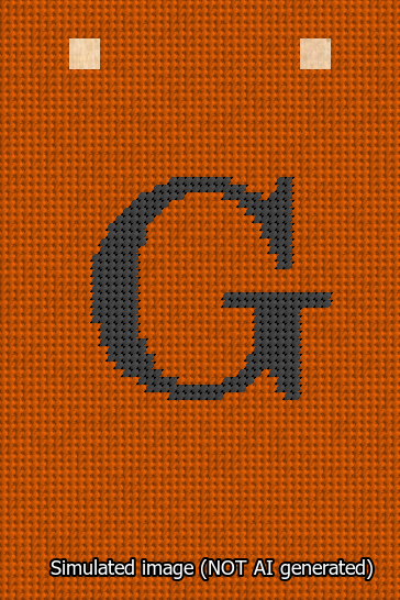 A simulated image of the stitched needlepoint design: Banner 13m Squared G Black on Orange. Not A.I. generated.