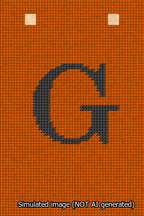 A simulated image of the stitched needlepoint design: Banner 13m Squared G Black on Orange. Not A.I. generated.