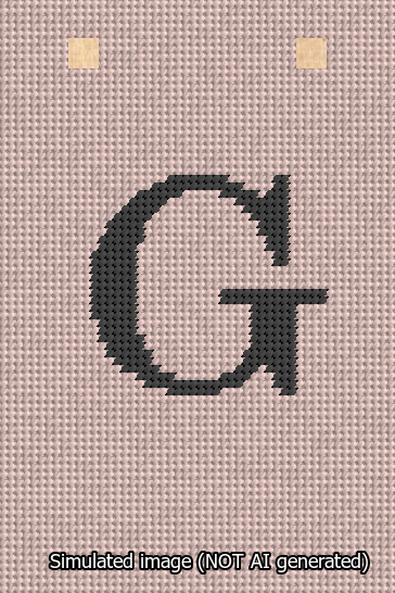 A simulated image of the stitched needlepoint design: Banner 13m Squared G Black on Pink. Not A.I. generated.