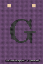 A simulated image of the stitched needlepoint design: Banner 13m Squared G Black on Purple. Not A.I. generated.