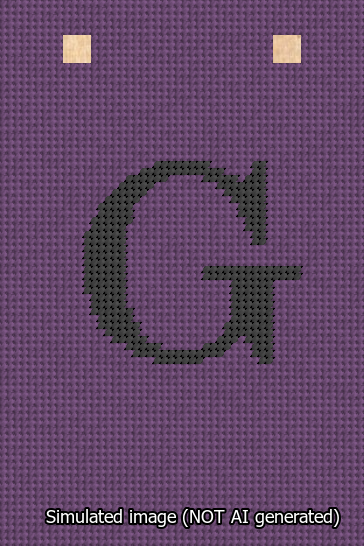 A simulated image of the stitched needlepoint design: Banner 13m Squared G Black on Purple. Not A.I. generated.