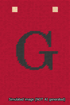 A simulated image of the stitched needlepoint design: Banner 13m Squared G Black on Red. Not A.I. generated.