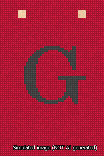 A simulated image of the stitched needlepoint design: Banner 13m Squared G Black on Red. Not A.I. generated.