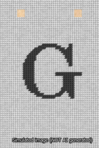 A simulated image of the stitched needlepoint design: Banner 13m Squared G Black on White. Not A.I. generated.