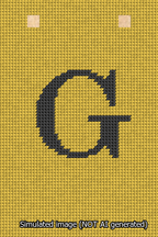 A simulated image of the stitched needlepoint design: Banner 13m Squared G Black on Yellow. Not A.I. generated.