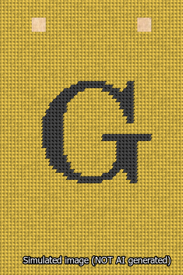 A simulated image of the stitched needlepoint design: Banner 13m Squared G Black on Yellow. Not A.I. generated.