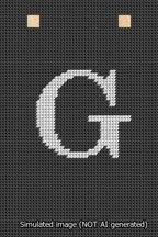 A simulated image of the stitched needlepoint design: Banner 13m Squared G White on Black. Not A.I. generated.