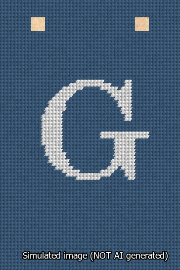 A simulated image of the stitched needlepoint design: Banner 13m Squared G White on Blue. Not A.I. generated.