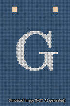 A simulated image of the stitched needlepoint design: Banner 13m Squared G White on Blue. Not A.I. generated.