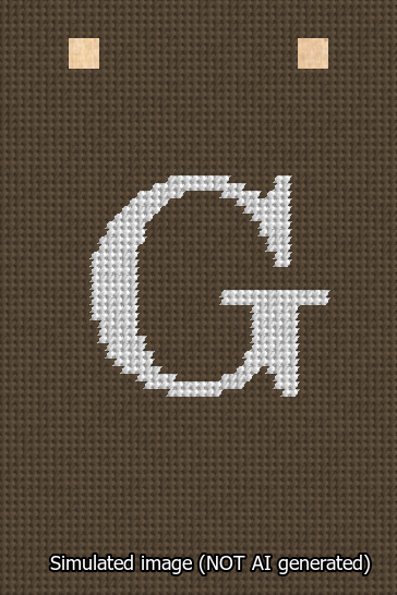 A simulated image of the stitched needlepoint design: Banner 13m Squared G White on Brown. Not A.I. generated.