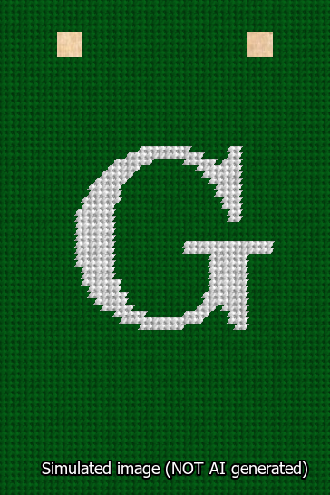 A simulated image of the stitched needlepoint design: Banner 13m Squared G White on Green. Not A.I. generated.