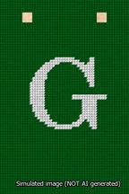 A simulated image of the stitched needlepoint design: Banner 13m Squared G White on Green. Not A.I. generated.