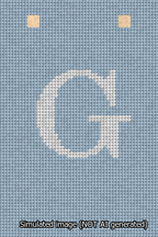 A simulated image of the stitched needlepoint design: Banner 13m Squared G White on Light Blue. Not A.I. generated.