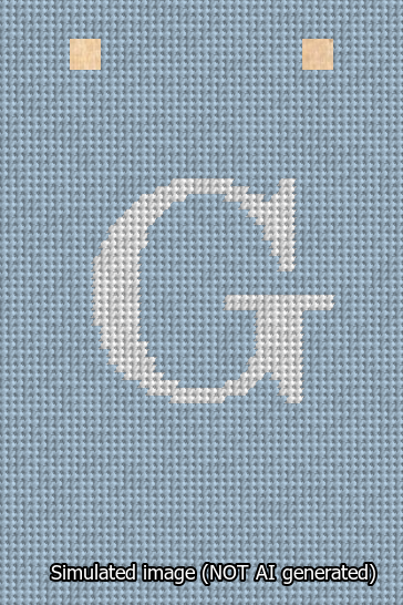 A simulated image of the stitched needlepoint design: Banner 13m Squared G White on Light Blue. Not A.I. generated.