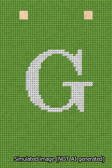 A simulated image of the stitched needlepoint design: Banner 13m Squared G White on Light Green. Not A.I. generated.