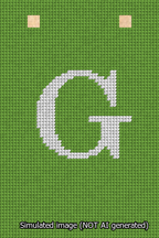 A simulated image of the stitched needlepoint design: Banner 13m Squared G White on Light Green. Not A.I. generated.
