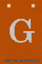 A simulated image of the stitched needlepoint design: Banner 13m Squared G White on Orange. Not A.I. generated.