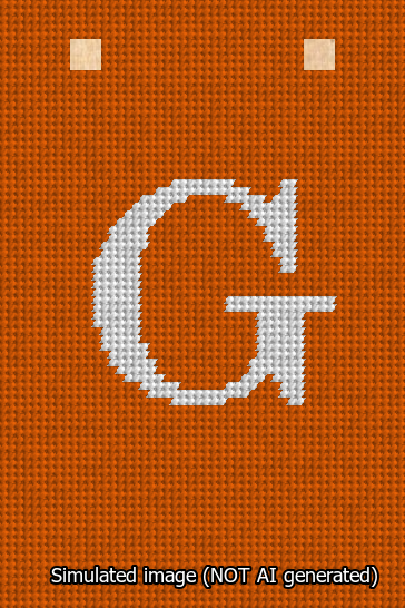 A simulated image of the stitched needlepoint design: Banner 13m Squared G White on Orange. Not A.I. generated.