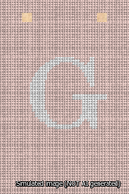 A simulated image of the stitched needlepoint design: Banner 13m Squared G White on Pink. Not A.I. generated.