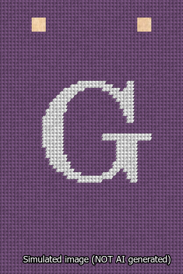 A simulated image of the stitched needlepoint design: Banner 13m Squared G White on Purple. Not A.I. generated.