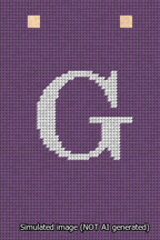 A simulated image of the stitched needlepoint design: Banner 13m Squared G White on Purple. Not A.I. generated.