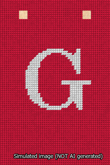 A simulated image of the stitched needlepoint design: Banner 13m Squared G White on Red. Not A.I. generated.