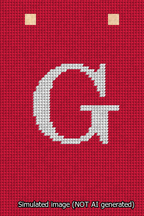A simulated image of the stitched needlepoint design: Banner 13m Squared G White on Red. Not A.I. generated.
