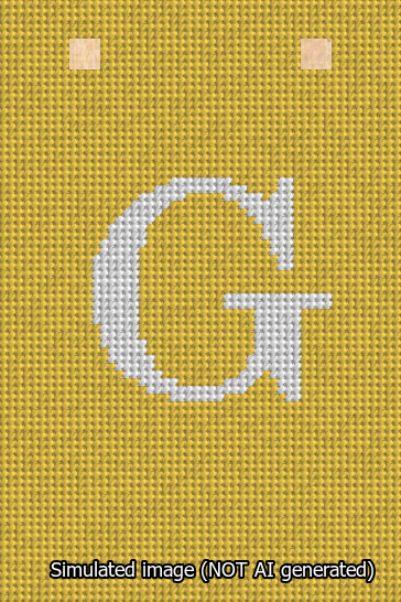 A simulated image of the stitched needlepoint design: Banner 13m Squared G White on Yellow. Not A.I. generated.