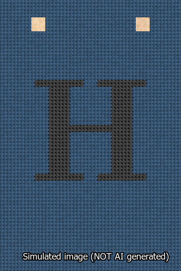 A simulated image of the stitched needlepoint design: Banner 13m Squared H Black on Blue. Not A.I. generated.