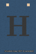 A simulated image of the stitched needlepoint design: Banner 13m Squared H Black on Blue. Not A.I. generated.