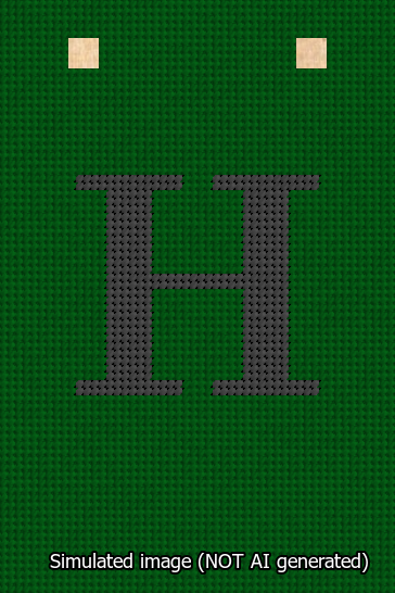 A simulated image of the stitched needlepoint design: Banner 13m Squared H Black on Green. Not A.I. generated.