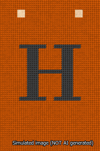 A simulated image of the stitched needlepoint design: Banner 13m Squared H Black on Orange. Not A.I. generated.