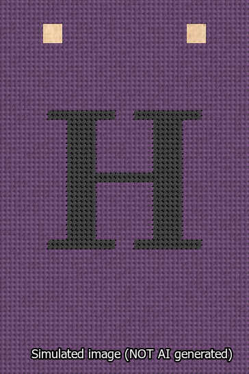 A simulated image of the stitched needlepoint design: Banner 13m Squared H Black on Purple. Not A.I. generated.
