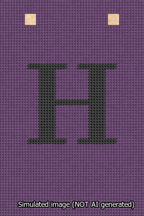 A simulated image of the stitched needlepoint design: Banner 13m Squared H Black on Purple. Not A.I. generated.