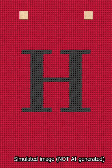 A simulated image of the stitched needlepoint design: Banner 13m Squared H Black on Red. Not A.I. generated.