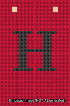 A simulated image of the stitched needlepoint design: Banner 13m Squared H Black on Red. Not A.I. generated.