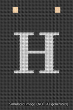 A simulated image of the stitched needlepoint design: Banner 13m Squared H White on Black. Not A.I. generated.