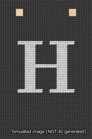 A simulated image of the stitched needlepoint design: Banner 13m Squared H White on Black. Not A.I. generated.