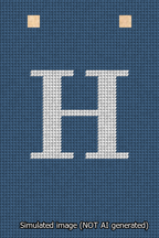A simulated image of the stitched needlepoint design: Banner 13m Squared H White on Blue. Not A.I. generated.
