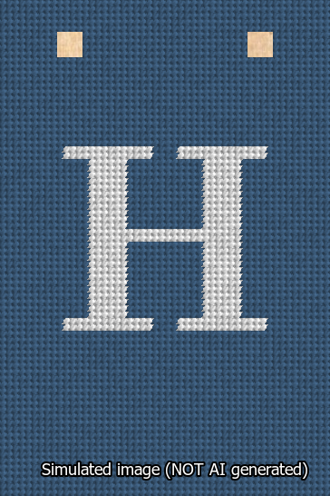 A simulated image of the stitched needlepoint design: Banner 13m Squared H White on Blue. Not A.I. generated.