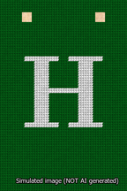 A simulated image of the stitched needlepoint design: Banner 13m Squared H White on Green. Not A.I. generated.