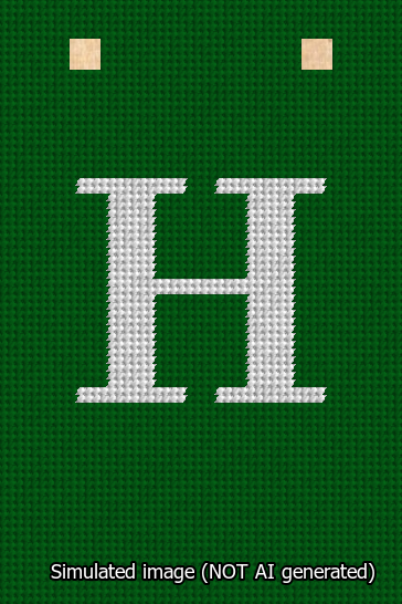 A simulated image of the stitched needlepoint design: Banner 13m Squared H White on Green. Not A.I. generated.