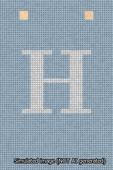 A simulated image of the stitched needlepoint design: Banner 13m Squared H White on Light Blue. Not A.I. generated.
