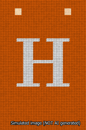 A simulated image of the stitched needlepoint design: Banner 13m Squared H White on Orange. Not A.I. generated.