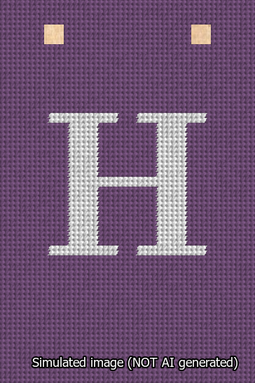 A simulated image of the stitched needlepoint design: Banner 13m Squared H White on Purple. Not A.I. generated.