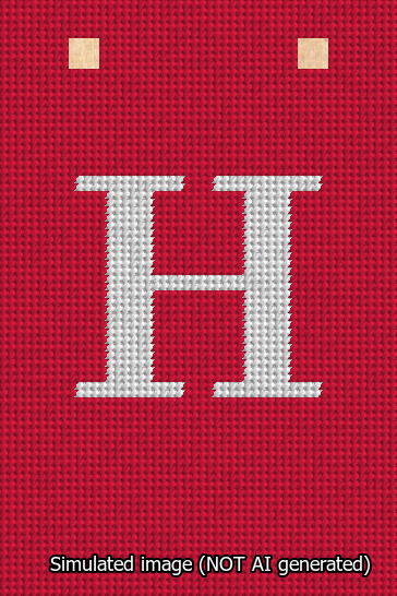 A simulated image of the stitched needlepoint design: Banner 13m Squared H White on Red. Not A.I. generated.